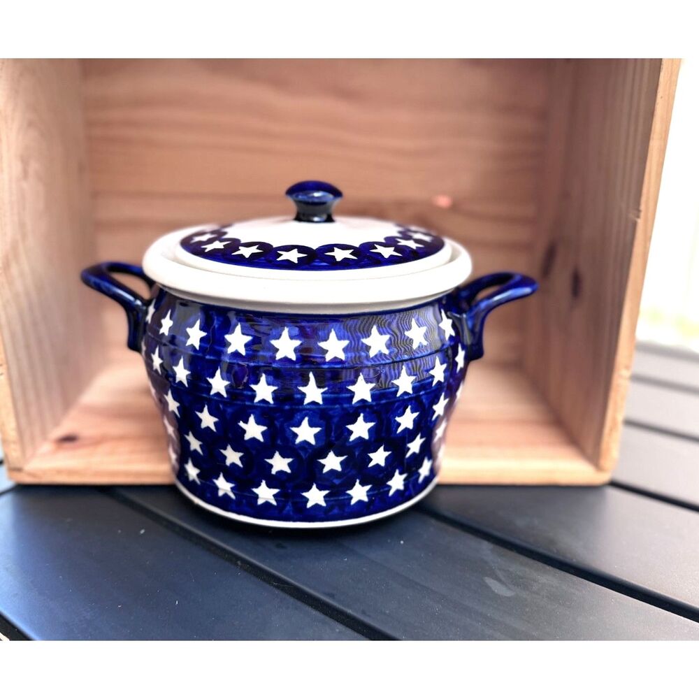 Boleslawiec Polish Pottery White Stars Royal Navy Base Covered Pot With Handles